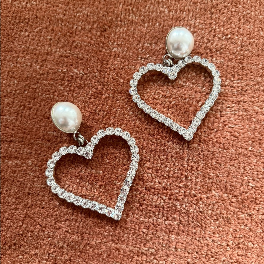 Alessandra Rich Silver Heart Earrings with Pearls